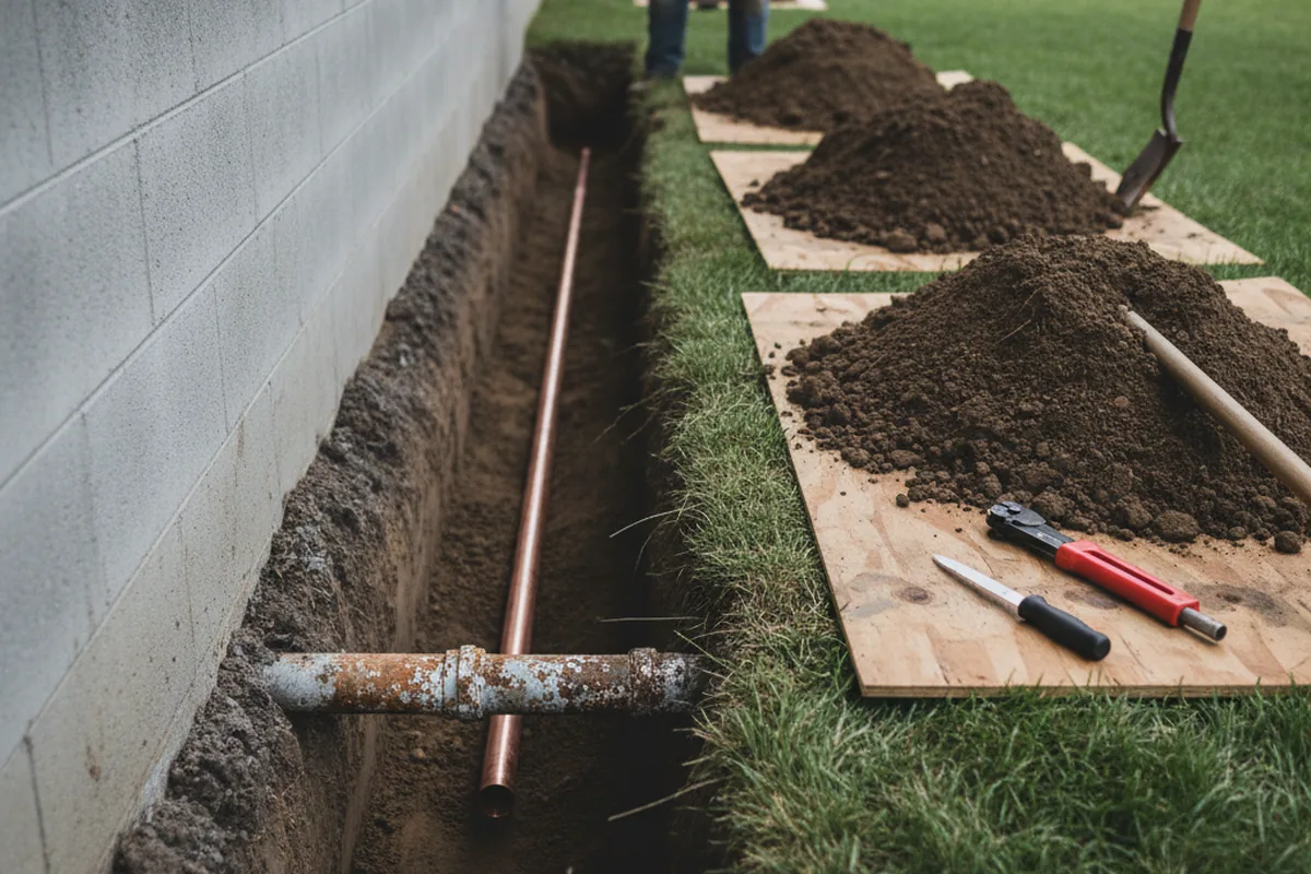 Excavated water line trench during Sewer Line Repair in Bohemia